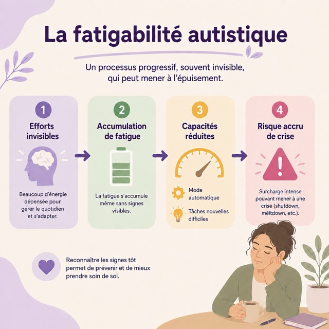 fatigabilite-autistique-accumulation Schéma montrant comment la fatigabilité autistique peut s’accumuler et réduire les capacités disponibles.
