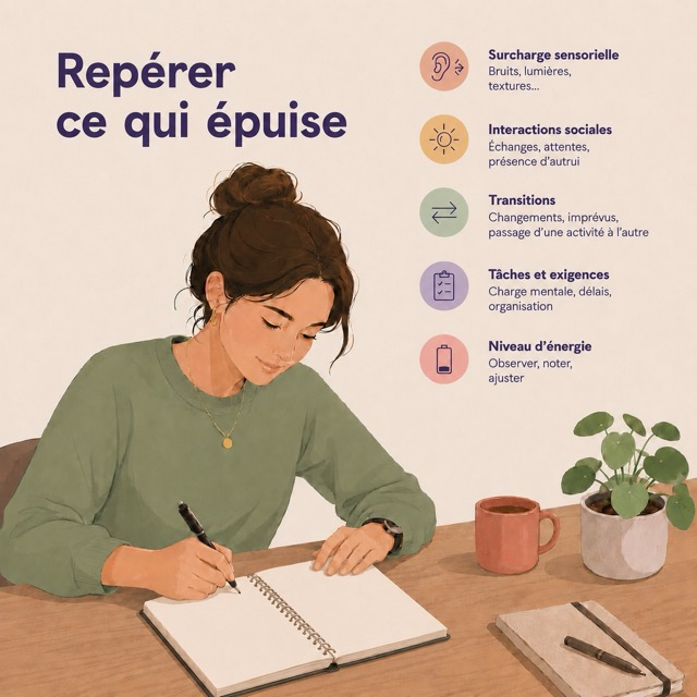 reperer-sources-fatigue-autisme Adulte autiste notant ses sources de fatigue dans un carnet pour mieux comprendre son quotidien.
