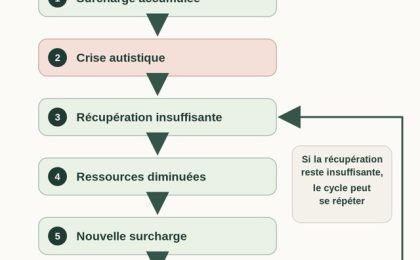 Schéma montrant un cycle possible de répétition des crises autistiques : surcharge accumulée, crise autistique, récupération insuffisante, ressources diminuées, nouvelle surcharge puis nouvelle crise.