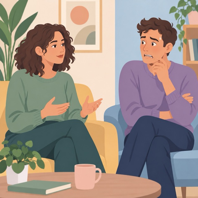 reaction-annonce-autisme-adulte Une femme annonce son autisme à un homme qui réagit avec surprise et malaise.