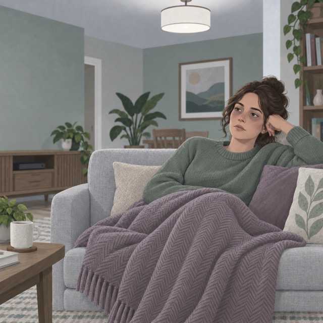 sortir-burnout-autistique-repos Femme épuisée sur un canapé, illustrant la difficulté à sortir d’un burnout autistique malgré le repos.